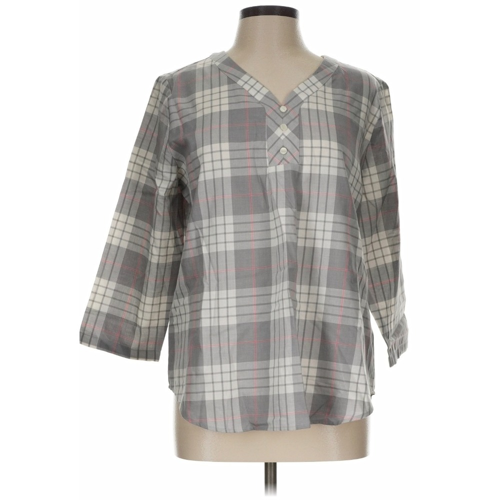 IZOD Womens Grey Pink Plaid 3/4 Sleeve V-Neck Blouse Top NWT Size Large